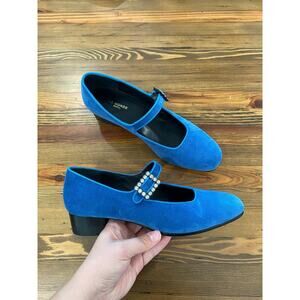 Cobalt Blue Suede Mary Jane Heels with Embellished Buckle